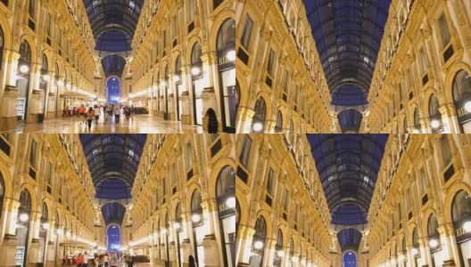 意大利米兰维托里奥·埃马努埃莱二世画廊夜景。高清在线视频素材下载