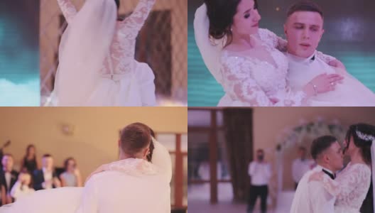 美丽的新娘和英俊的新郎跳第一支舞高清在线视频素材下载