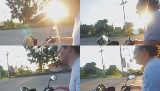 一名男子骑着摩托车在美丽的日落慢镜头中旅行。假期的概念。1920 x1080,高清高清在线视频素材下载
