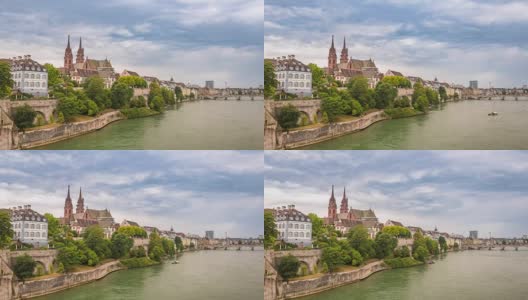 巴塞尔城市天际线时间推移和莱茵河，巴塞尔，瑞士，4K时间推移高清在线视频素材下载