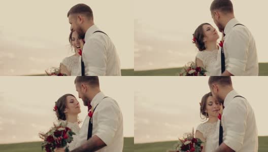 年轻美丽的新娘和新郎在他们的婚礼那天，在日落的公园里跳舞和欢笑高清在线视频素材下载