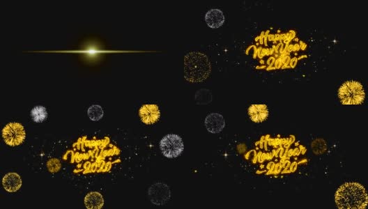 2020年新年快乐金色文字闪烁粒子与金色烟花展示高清在线视频素材下载