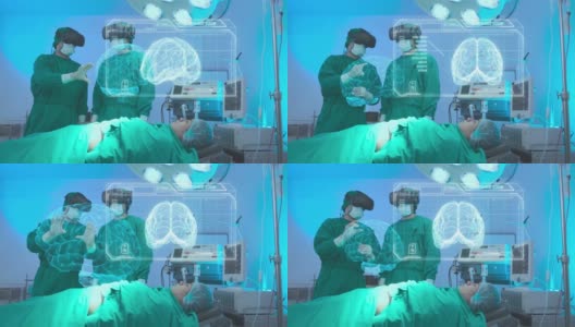 医生戴着VR护目镜在手术室与患者讨论，AR技术医院医疗保健。未来数字技术的未来背景。高清在线视频素材下载