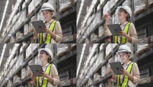 仓库女工人在仓库的DigitalTable上检查用品高清在线视频素材下载