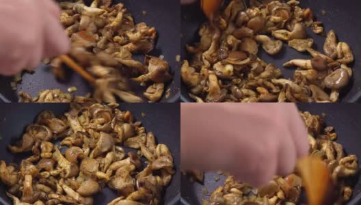 炒蚝油蘑菇与洋葱和香料。有选择性的重点。烹饪食物高清在线视频素材下载