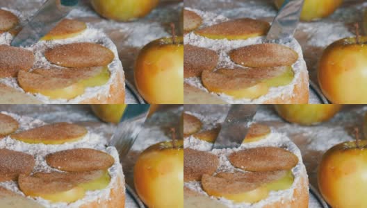 刀切派近距离观看美味的新鲜出炉的苹果派夏洛特粉肉桂。传统的自制苹果派高清在线视频素材下载