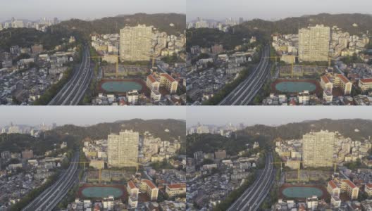 现代沿海城市建筑和城市干道交通的航拍视频高清在线视频素材下载