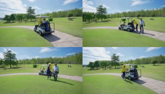 4K亚洲老人在高尔夫球场驾驶高尔夫球车与女球童在果岭打高尔夫球高清在线视频素材下载
