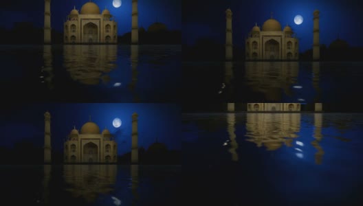 满月下的泰姬陵，星空下的泰姬陵，倾斜的镜头，水的倒影，高清高清在线视频素材下载