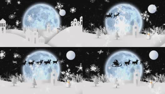 圣诞老人在驯鹿拉雪橇的动画，满月的黑色背景高清在线视频素材下载