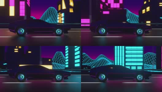 80年代霓虹复古车循环3d动画。汽车在夜晚的城市中行驶高清在线视频素材下载