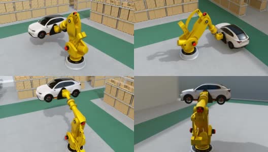 黄色的重量级机器人手臂扛着白色SUV在后勤中心高清在线视频素材下载