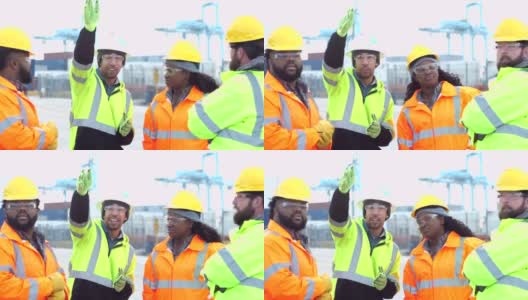 四个工人在港口聊天高清在线视频素材下载