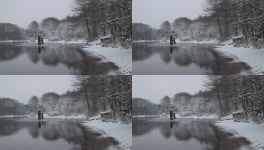 白雪覆盖的白树倒映在河里高清在线视频素材下载