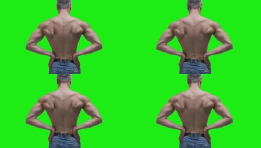 背部疼痛，肾炎，老年肌肉男背部疼痛在绿色背景，色度键4K视频高清在线视频素材下载