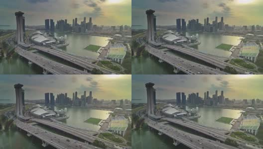 日落天空新加坡城市著名的飞行骑滨海湾市中心全景4k时间推移高清在线视频素材下载