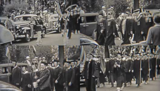 1937年:大学毕业游行，穿着礼服从大学毕业。高清在线视频素材下载
