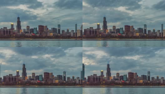 4K时间推移的芝加哥天际线全景芝加哥市中心与密歇根湖的海岸线在美丽的日落时间在芝加哥，伊利诺伊州，美国，商业和现代建筑概念高清在线视频素材下载