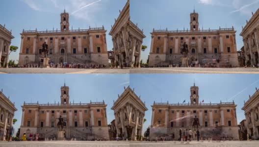 卡比托利尼山的地标广场，被新古典博物馆和钟楼以及马克·奥里利乌斯的青铜雕像所包围高清在线视频素材下载