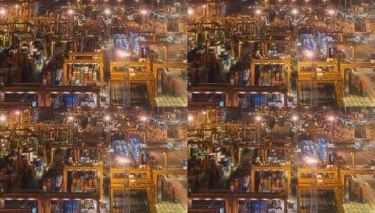 延时拍摄:香港青衣港货柜码头与货场的夜间工作高清在线视频素材下载