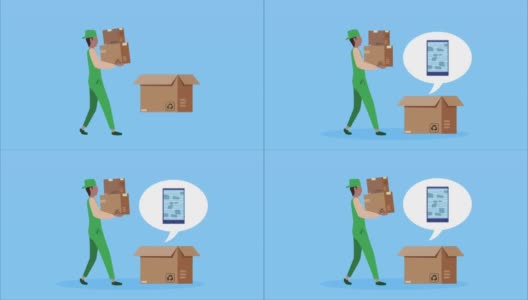 物流服务动画与工人说话提升箱子纸箱高清在线视频素材下载