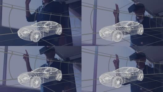 3d汽车模型在数字隧道对抗在办公室戴着虚拟现实头盔的人高清在线视频素材下载
