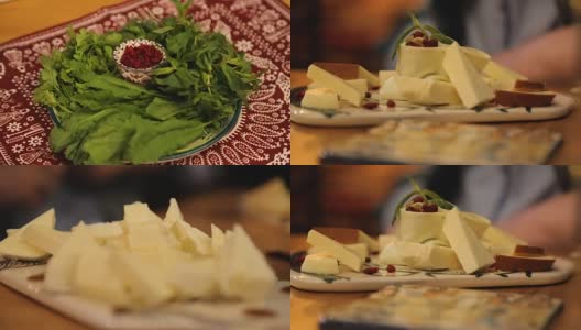 美味可口的传统食物，奶酪上桌，热情好客高清在线视频素材下载