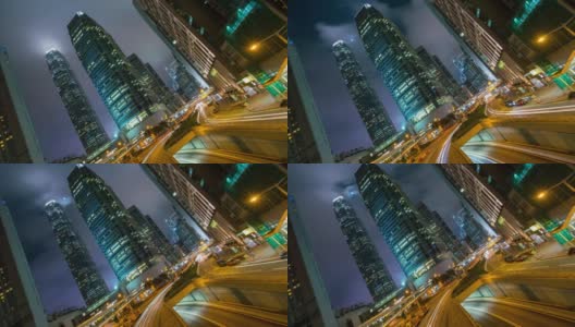 时间流逝，香港市中心的现代建筑夜景高清在线视频素材下载