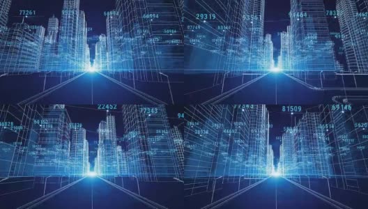 通过数字和网格移动抽象数字城市。3d蓝图。商业和技术概念。蓝色3d动画。高清在线视频素材下载