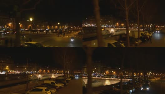 法国夜间照明巴黎双层巴士乘坐交通街道沿河全景4k高清在线视频素材下载