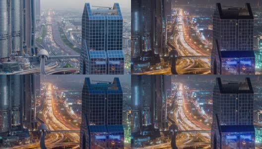 迪拜市区天际线白天黑夜的推移和谢赫扎耶德的道路交通，阿联酋高清在线视频素材下载