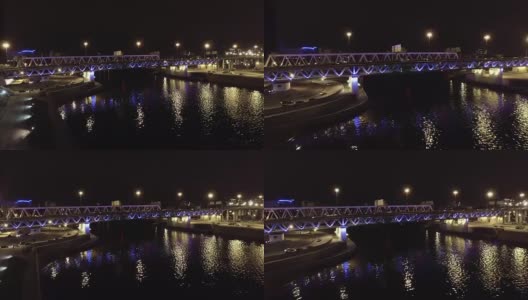 空中夜间高速公路桥下过往车辆高清在线视频素材下载