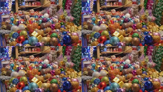 圣诞市场上出售的彩色圣诞球的特写镜头高清在线视频素材下载