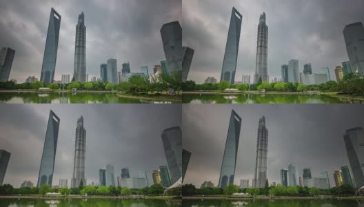 中国风暴天空著名的上海市区建筑公园池塘全景4k时间推移高清在线视频素材下载