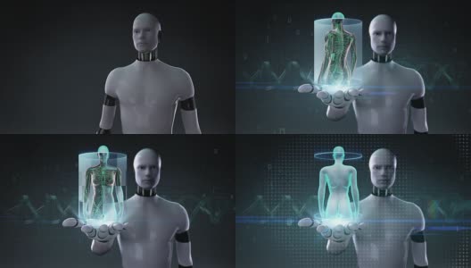 机器人摊开手掌，女性人体淋巴扫描系统。高清在线视频素材下载