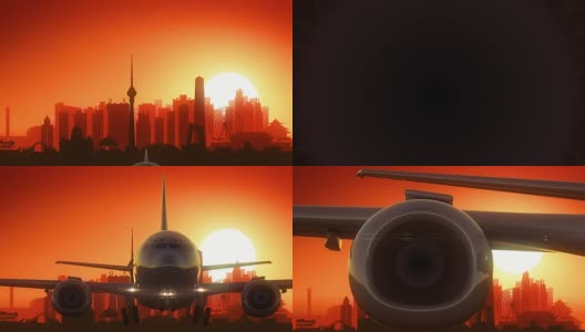 北京中国飞机起飞天际线金色背景高清在线视频素材下载