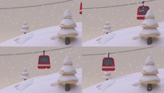 红山电梯卡通木奶油白色下雪冬季新年圣诞概念3d渲染高清在线视频素材下载