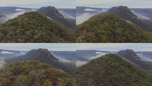 神秘的4k全景无人机以驴山为背景，位于澳大利亚新南威尔士州悉尼附近的蓝山的一部分沃尔根山谷内。高清在线视频素材下载