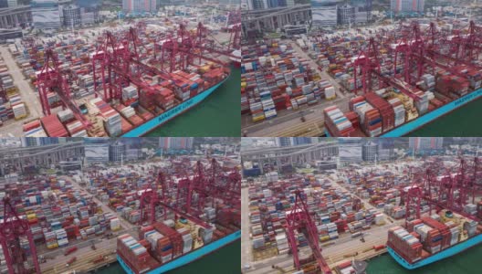 4K分辨率鸟瞰图超延时集装箱货船在海上运载到码头，工业，商业，物流和运输在香港城市高清在线视频素材下载