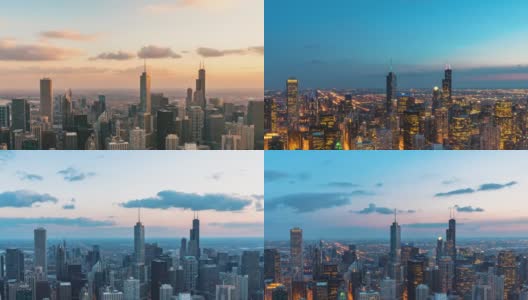 时间流逝的芝加哥城市景观，从白天到夜晚，伊利诺伊州，美国高清在线视频素材下载