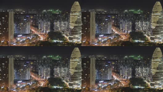 间隔拍摄。北京市区夜景高层建筑和交通流，中国高清在线视频素材下载