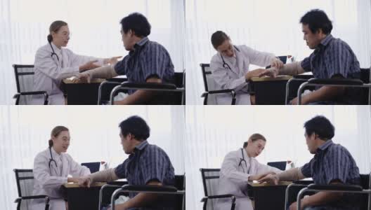 女医生在医院里向病人讲述手臂骨折的治疗方法。用现代医疗技术服务。概念医疗矫形高清在线视频素材下载