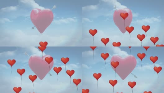 动画的多个爱的心气球和心与箭在蓝色背景高清在线视频素材下载