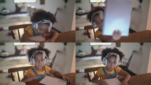 小女孩在家学习期间做视频电话-网络摄像头的观点高清在线视频素材下载