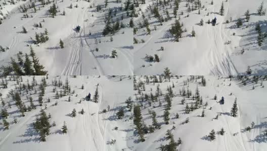 男人在雪地摩托上爬山阳光蓝天天线高清在线视频素材下载