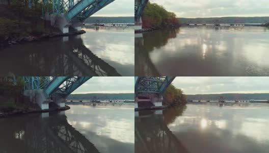 哈德逊河上的斯卜腾杜伊维尔桥的鸟瞰图，在亨利哈德逊桥下面高清在线视频素材下载