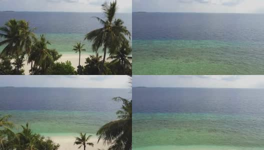 镜头从马尔代夫热带白色沙滩和绿松石般的印度洋上空的棕榈树中掠过，无人机拍摄的画面用了4k高清在线视频素材下载