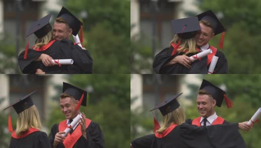 快乐的男人在毕业典礼上祝贺和拥抱年轻的女人，成就高清在线视频素材下载