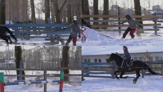 慢镜头:一个女孩骑着马疾驰。一匹马用绳子拖着一个滑雪者。滑雪者在雪堆中骑在滑雪板上。女骑师和男滑雪板运动员通过跳板进行跳跃高清在线视频素材下载