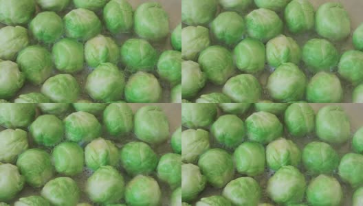 亮绿色球芽甘蓝在平底锅中烹饪的特写静态镜头高清在线视频素材下载